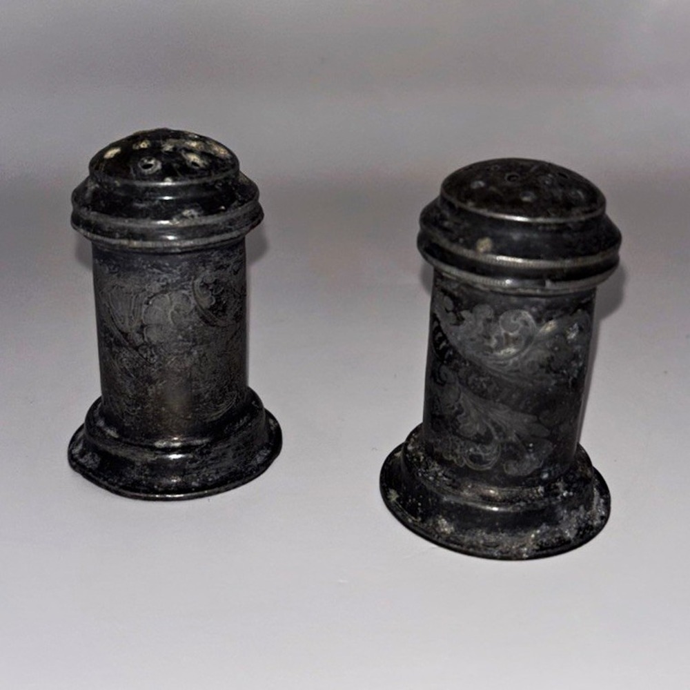 Antique Engraved Metal Salt and Pepper Shakers Pair Victorian Scrollwork Vintage